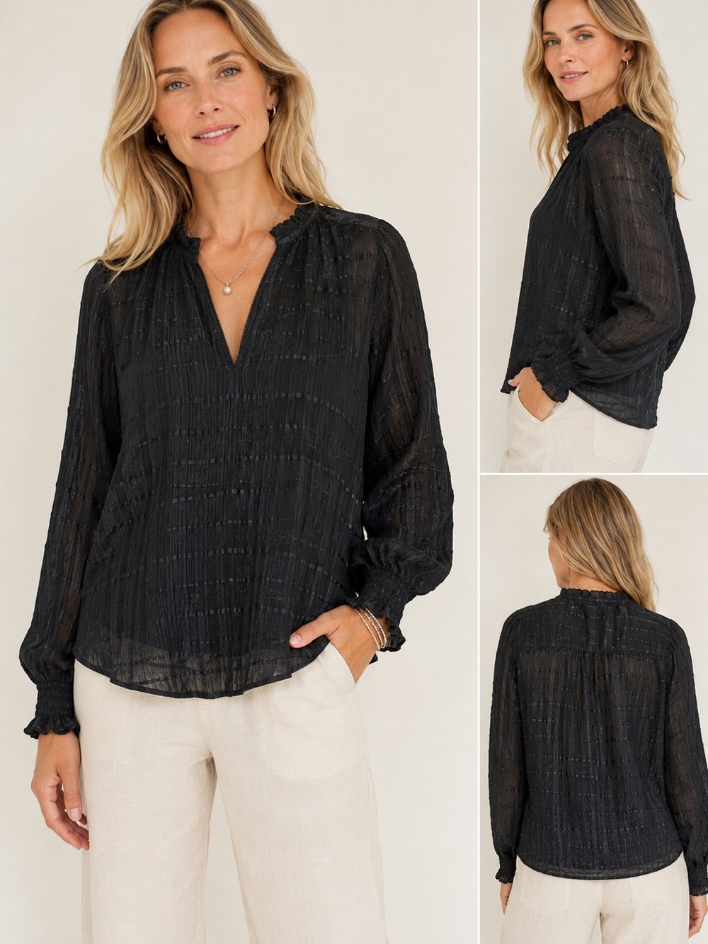 Go by Go Silk Go softspoken silk linen blend v neck long sleeve blouse black M